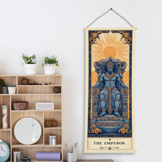 The Emperor Tarot Tapestry | Majestic King on Throne Wall Hanging, Thick fabric, HD Print, Ready to Hang Wall Décor. Size 24 In x 60 In. (TAROTTPS05)