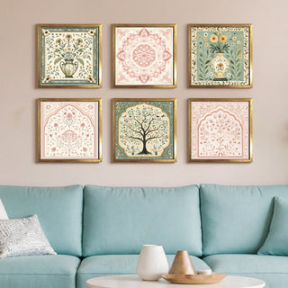 Ethnic Wall Art Set of 6 | HD Canvas Print | Ready to Hang | Golden Box Frame Panels for Home & Office Décor | Each Frame Size: 14X14 INCH (ETHF01)