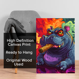 Smokin’ Hippo Hustle Wall Art Painting, HD Canvas Print, Framed, Ready to Hang. (GRFWA82)