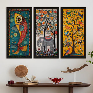 Madhubani paintings for living room. Set of 3 canvas wrapped framed madhubani art for wall decor. 12 x 24 inch x 3 frames (MDBWA003)