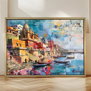 Banaras Ghats Painting Wall Art – Varanasi Riverfront with Golden Floater Frame – HD Print Large Canvas, Ready to Hang, Size: 3X4FT, (BAWA02).
