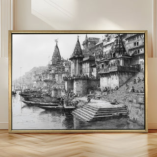 Banaras Ghats Painting Wall Art – Varanasi Riverfront with Golden Floater Frame – HD Print Large Canvas, Ready to Hang, Size: 3X4FT, (BAWA06).