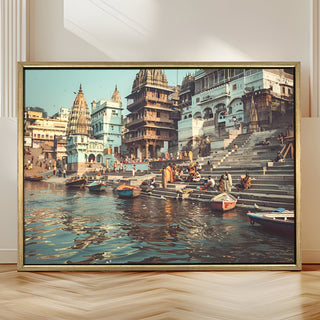 Banaras Ghats Painting Wall Art – Varanasi Riverfront with Golden Floater Frame – HD Print Large Canvas, Ready to Hang, Size: 3X4FT, (BAWA25).