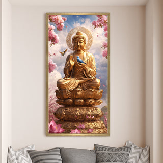 Golden Buddha Portrait with Bluebird Wall Art, HD Canvas Print, Golden Box Framed, Ready to Hang, (48 In x 24 In) (BUDDHA-WA-41)
