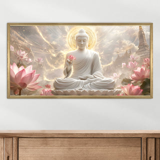 Buddha & Lotus Blossom Wall Art, HD Canvas Print, Golden Box Framed, Ready to Hang, (24 In x 48 In) (BUDDHA-WA-05)