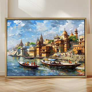 Banaras Ghats Painting Wall Art – Varanasi Riverfront with Golden Floater Frame – HD Print Large Canvas, Ready to Hang, Size: 3X4FT, (BAWA10).