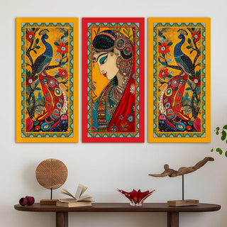 Madhubani Paintings for Living Room. Set of 3 Printed Canvas. Ready to Hang. Framed on Real Wood. 12 x 24 inch x 3 Frames. (MDBWA006)