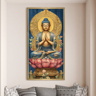 Golden Aura Buddha Portrait on Red Lotus Wall Art, HD Canvas Print, Golden Box Framed, Ready to Hang, (48 In x 24 In) (BUDDHA-WA-47)