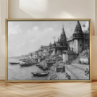 Banaras Ghats Painting Wall Art – Varanasi Riverfront with Golden Floater Frame – HD Print Large Canvas, Ready to Hang, Size: 3X4FT, (BAWA22).