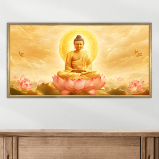 Meditating Buddha with Golden Aura Wall Art, HD Canvas Print, Golden Box Framed, Ready to Hang, (24 In x 48 In) (BUDDHA-WA-03)