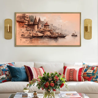 Banaras Ghats Painting Wall Art – Varanasi Riverfront with Golden Floater Frame – HD Print Large Canvas, Ready to Hang, Size: 2X4FT, (BAWA37).