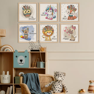 Kids Wall Art Set of 6 | HD Canvas Print | Ready to Hang | Natural Wood Panels for Nursery & Kids Room Decor | Each Frame Size: 10X10 INCH (KIDSET01)