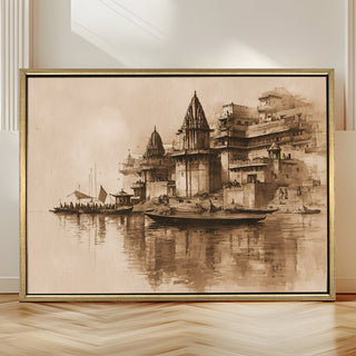 Banaras Ghats Painting Wall Art – Varanasi Riverfront with Golden Floater Frame – HD Print Large Canvas, Ready to Hang, Size: 3X4FT, (BAWA30).
