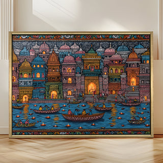 Banaras Ghats Painting Wall Art – Varanasi Riverfront with Golden Floater Frame – HD Print Large Canvas, Ready to Hang, Size: 3X4FT, (BAWA14).