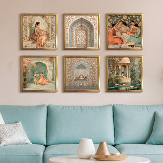 Ethnic Wall Art Set of 6 | HD Canvas Print | Ready to Hang | Golden Box Frame Panels for Home & Office Décor | Each Frame Size: 14X14 INCH (ETHF07)