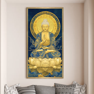 Golden Buddha Portrait with Lotus Throne Wall Art, HD Canvas Print, Golden Box Framed, Ready to Hang, (48 In x 24 In) (BUDDHA-WA-45)