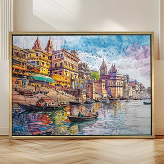 Banaras Ghats Painting Wall Art – Varanasi Riverfront with Golden Floater Frame – HD Print Large Canvas, Ready to Hang, Size: 3X4FT, (BAWA20).