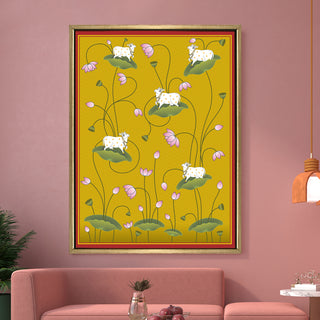 Sacred Cow Pichwai Art – Lotus Motif – Indian Heritage Wall Art HD Canvas Print for Home Decor, Ready to Hang (PWA23).
