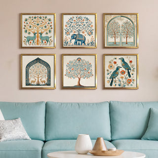 Ethnic Wall Art Set of 6 | HD Canvas Print | Ready to Hang | Golden Box Frame Panels for Home & Office Décor | Each Frame Size: 14X14 INCH (ETHF06)