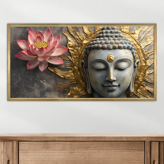 Golden Aura Buddha with Lotus Wall Art, HD Canvas Print, Golden Box Framed, Ready to Hang, (24 In x 48 In) (BUDDHA-WA-06)