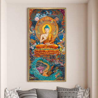 Colorful Spiritual Buddha Meditation Wall Art, HD Canvas Print, Golden Box Framed, Ready to Hang, (48 In x 24 In) (BUDDHA-WA-43)