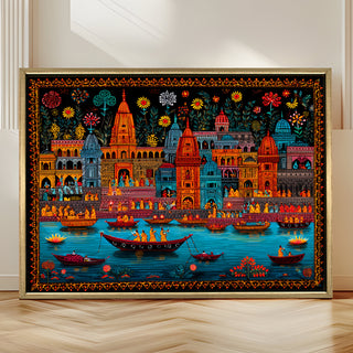 Banaras Ghats Painting Wall Art – Varanasi Riverfront with Golden Floater Frame – HD Print Large Canvas, Ready to Hang, Size: 3X4FT, (BAWA12).