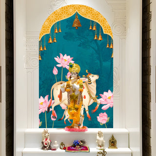 Pichwai Cow Temple Background Arch Wall Mural – Peel & Stick Cow Wallpaper – Waterproof Self Adhesive Vinyl Sticker for Living Room, Entryway – Size: 5ft x 3ft (PDAWALL02)