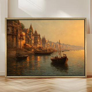 Banaras Ghats Painting Wall Art – Varanasi Riverfront with Golden Floater Frame – HD Print Large Canvas, Ready to Hang, Size: 3X4FT, (BAWA13).