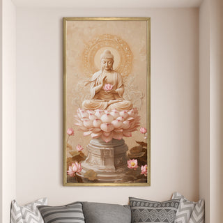 Enlightened Buddha on Lotus Throne Portrait Wall Art, HD Canvas Print, Golden Box Framed, Ready to Hang, (48 In x 24 In) (BUDDHA-WA-37)