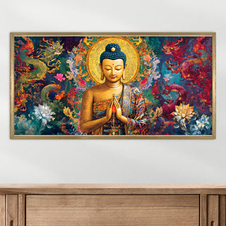 Divine Buddha with Prayer Pose Wall Art, HD Canvas Print, Golden Box Framed, Ready to Hang, (24 In x 48 In) (BUDDHA-WA-21)