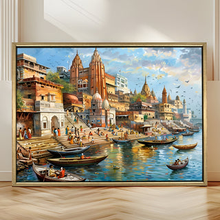 Banaras Ghats Painting Wall Art – Varanasi Riverfront with Golden Floater Frame – HD Print Large Canvas, Ready to Hang, Size: 3X4FT, (BAWA26).