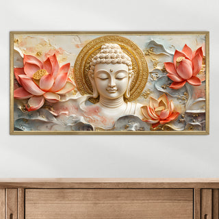 Serene Buddha & Red Lotus Wall Art, HD Canvas Print, Golden Box Framed, Ready to Hang, (24 In x 48 In) (BUDDHA-WA-25)