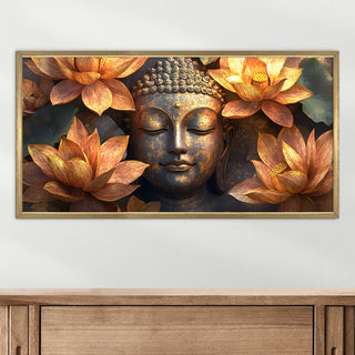 Golden Buddha with Lotus Wall Art, HD Canvas Print, Golden Box Framed, Ready to Hang, (24 In x 48 In) (BUDDHA-WA-17)