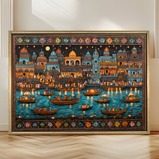 Banaras Ghats Painting Wall Art – Varanasi Riverfront with Golden Floater Frame – HD Print Large Canvas, Ready to Hang, Size: 3X4FT, (BAWA08).