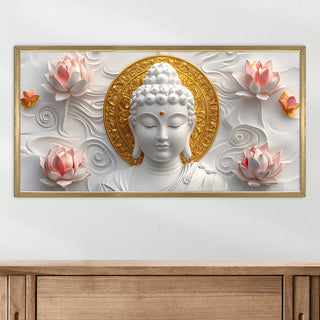 Golden Halo Buddha with Lotus Wall Art, HD Canvas Print, Golden Box Framed, Ready to Hang, (24 In x 48 In) (BUDDHA-WA-07)