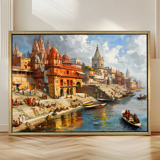 Banaras Ghats Painting Wall Art – Varanasi Riverfront with Golden Floater Frame – HD Print Large Canvas, Ready to Hang, Size: 3X4FT, (BAWA07).