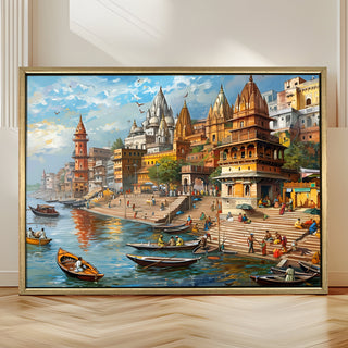 Banaras Ghats Painting Wall Art – Varanasi Riverfront with Golden Floater Frame – HD Print Large Canvas, Ready to Hang, Size: 3X4FT, (BAWA24).