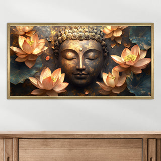 Golden Buddha with Lotus Wall Art, HD Canvas Print, Golden Box Framed, Ready to Hang, (24 In x 48 In) (BUDDHA-WA-20)