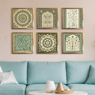 Ethnic Wall Art Set of 6 | HD Canvas Print | Ready to Hang | Golden Box Frame Panels for Home & Office Décor | Each Frame Size: 14X14 INCH (ETHF05)