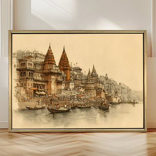 Banaras Ghats Painting Wall Art – Varanasi Riverfront with Golden Floater Frame – HD Print Large Canvas, Ready to Hang, Size: 3X4FT, (BAWA21).