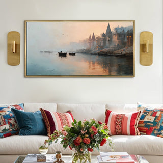 Banaras Ghats Painting Wall Art – Varanasi Riverfront with Golden Floater Frame – HD Print Large Canvas, Ready to Hang, Size: 2X4FT, (BAWA44).