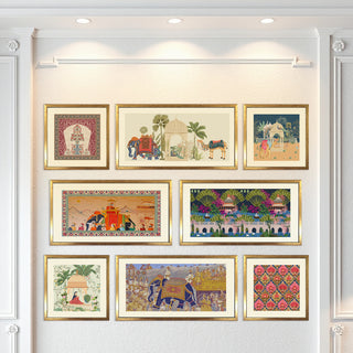 Royal Mughal Miniature Art – Set of 8 Acrylic Paintings in Golden Box Frames (MUGHAL-8F-02)