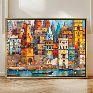 Banaras Ghats Painting Wall Art – Varanasi Riverfront with Golden Floater Frame – HD Print Large Canvas, Ready to Hang, Size: 3X4FT, (BAWA11).