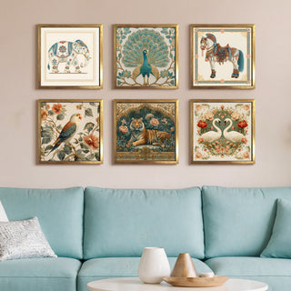 Ethnic Wall Art Set of 6 | HD Canvas Print | Ready to Hang | Golden Box Frame Panels for Home & Office Décor | Each Frame Size: 14X14 INCH (ETHF08)