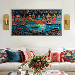 Banaras Ghats Painting Wall Art – Varanasi Riverfront with Golden Floater Frame – HD Print Large Canvas, Ready to Hang, Size: 2X4FT, (BAWA40).