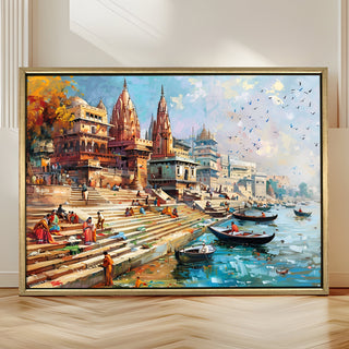 Banaras Ghats Painting Wall Art – Varanasi Riverfront with Golden Floater Frame – HD Print Large Canvas, Ready to Hang, Size: 3X4FT, (BAWA04).