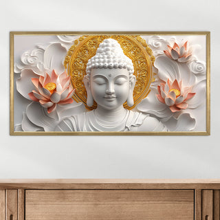 White Buddha with Floral Design Wall Art, HD Canvas Print, Golden Box Framed, Ready to Hang, (24 In x 48 In) (BUDDHA-WA-15)