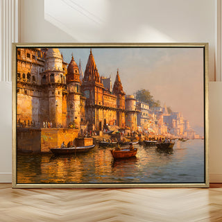Banaras Ghats Painting Wall Art – Varanasi Riverfront with Golden Floater Frame – HD Print Large Canvas, Ready to Hang, Size: 3X4FT, (BAWA16).