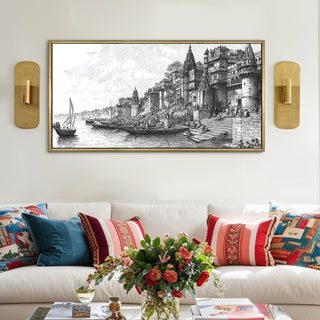 Banaras Ghats Painting Wall Art – Varanasi Riverfront with Golden Floater Frame – HD Print Large Canvas, Ready to Hang, Size: 2X4FT, (BAWA42).