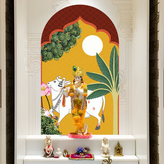 Pichwai Cow Temple Background Arch Wall Mural – Peel & Stick Cow Wallpaper – Waterproof Self Adhesive Vinyl Sticker for Living Room, Entryway – Size: 5ft x 3ft (PDAWALL03)
